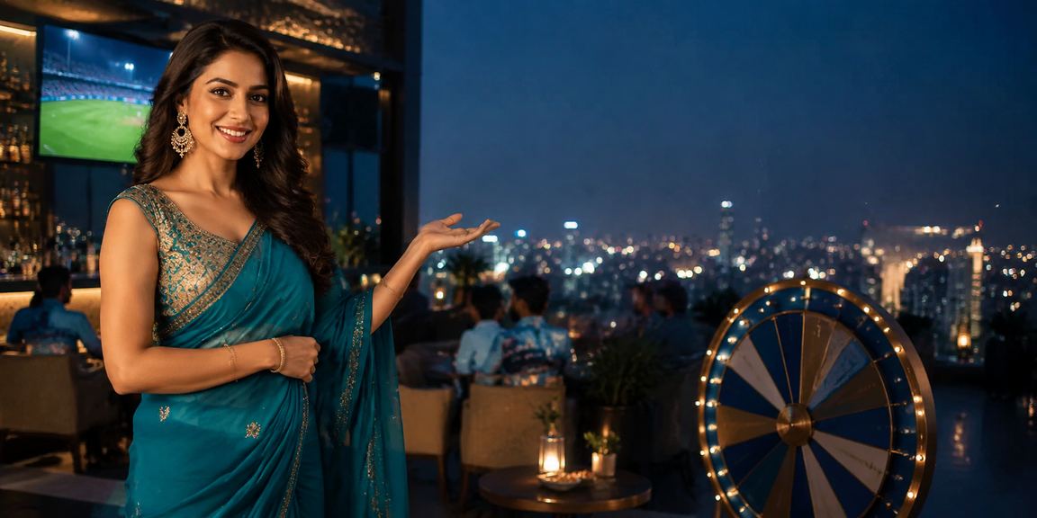 Indian woman in saree enjoying cricket betting and Rummy on smartphone