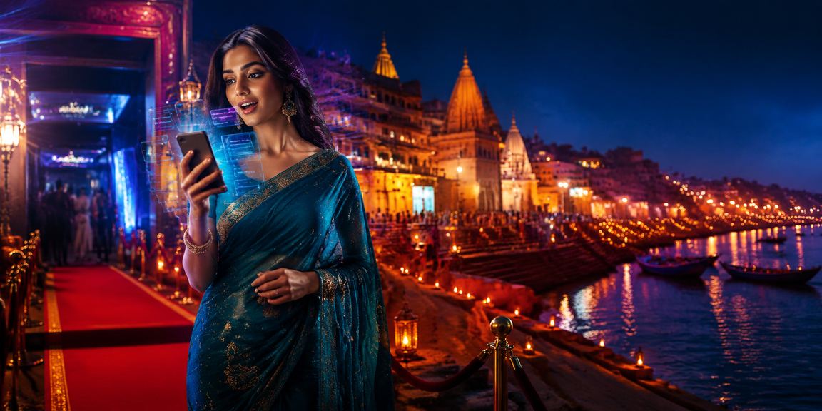 Evening view at Varanasi ghat with casino app user and traditional attire